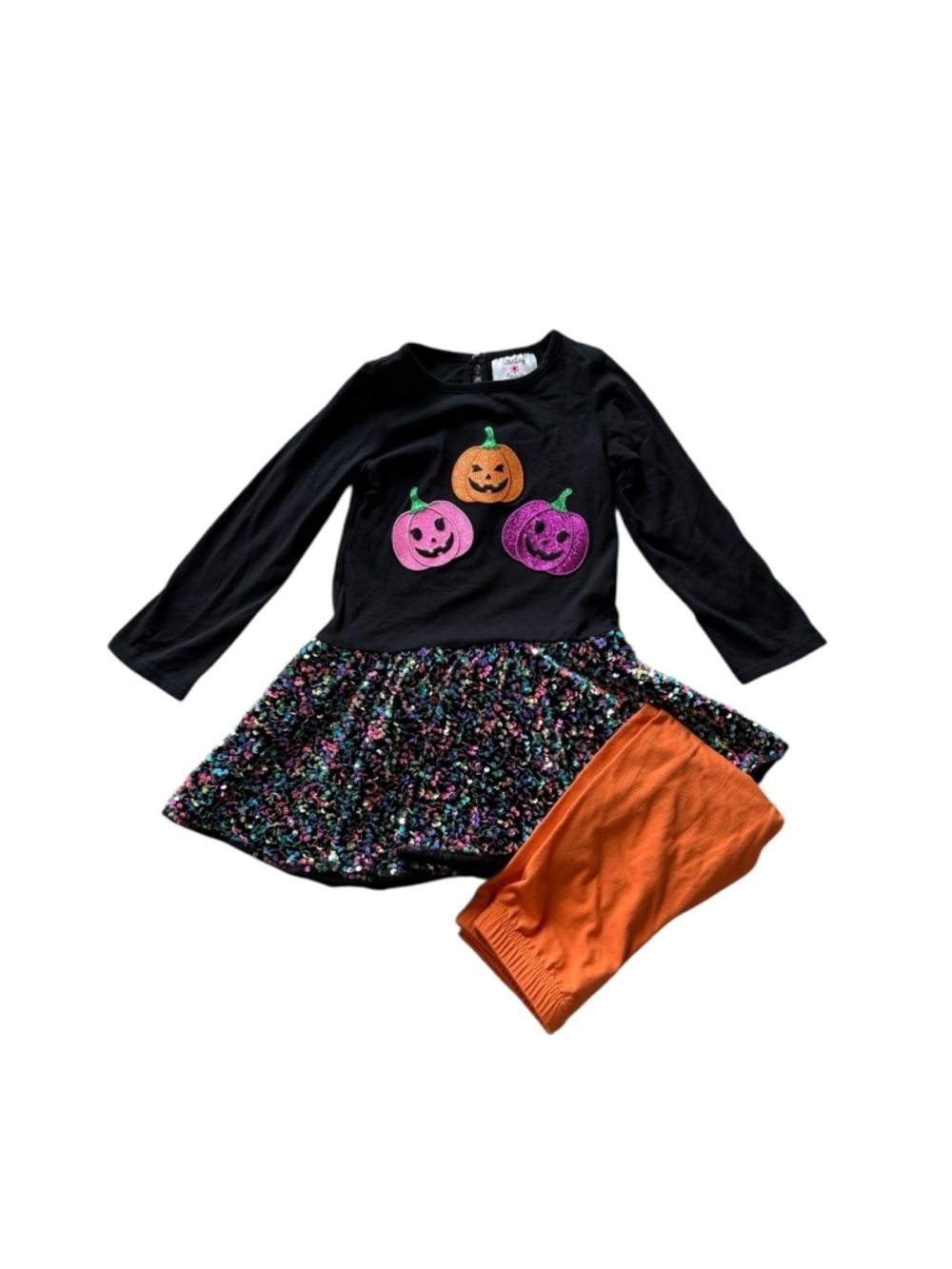Black Pumpkin Sequin Skirt Dress with Orange Leggings - Kids Halloween Set